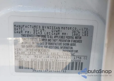2019 Nissan Sentra Sv from USA, damaged, VIN 3N1AB7AP3KY288711